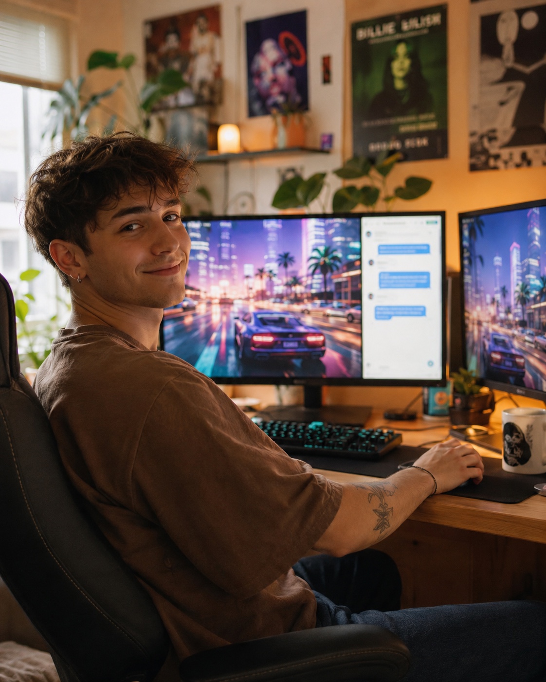 Creator editing short-form video at a neon battlestation